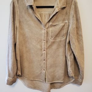 Tan, distressed button-down, size large